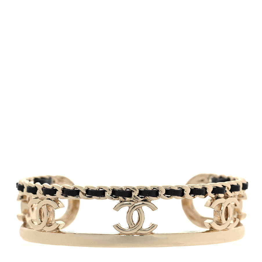 Chanel Coco Mark Logo Leather and Gold Bracelet Bangle