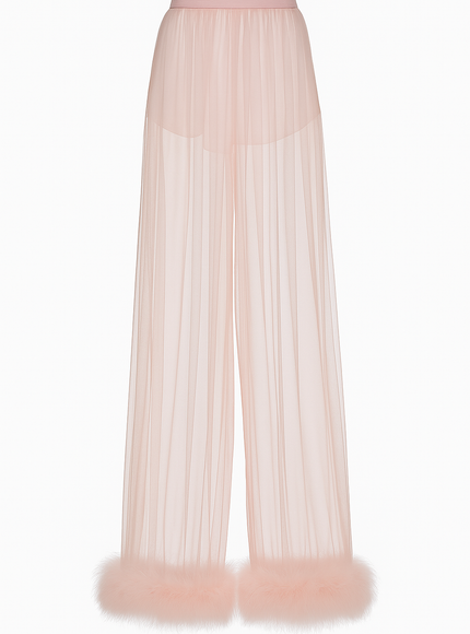 Dolce & Gabbana Blush Sheer Tulle Pants with Marabou Trim