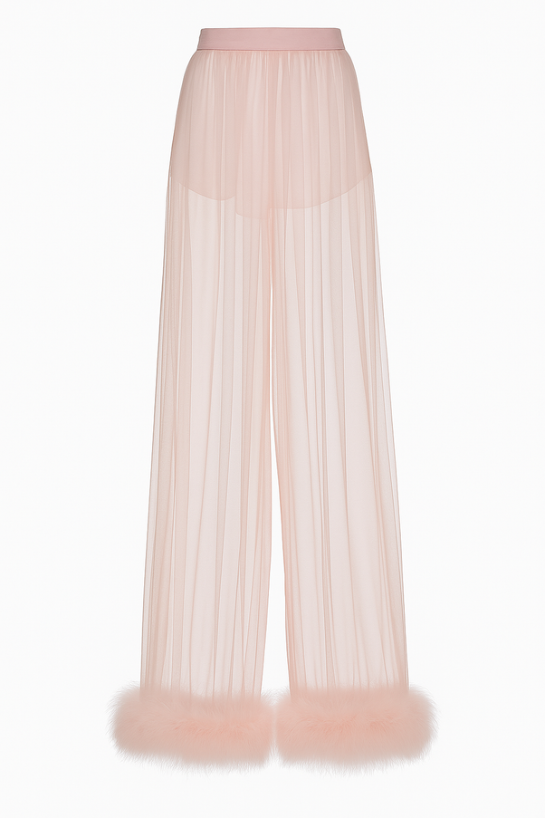 Dolce & Gabbana Blush Sheer Tulle Pants with Marabou Trim