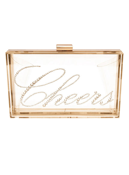 Ariel Taub Irresistible Crystal "Cheers" Lucite Clutch