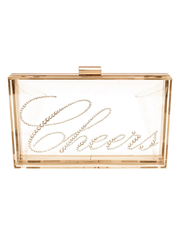 Ariel Taub Irresistible Crystal "Cheers" Lucite Clutch