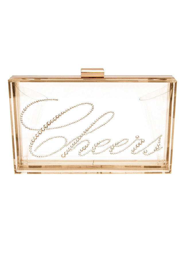 Ariel Taub Irresistible Crystal "Cheers" Lucite Clutch