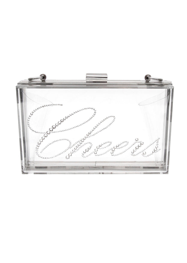 Ariel Taub Irresistible Crystal "Cheers" Lucite Clutch