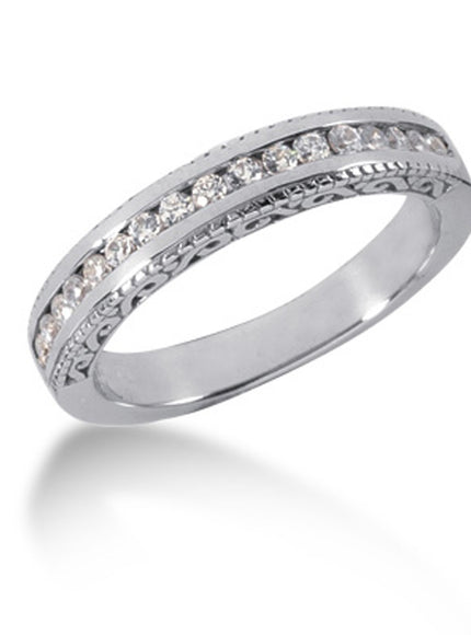 14k White Gold Vintage Style Engraved Diamond Channel Set Wedding Ring Band