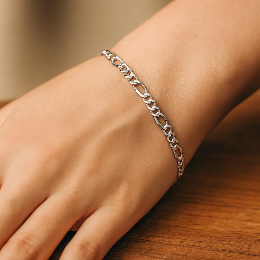 3.8mm 14k White Gold Solid Figaro Bracelet