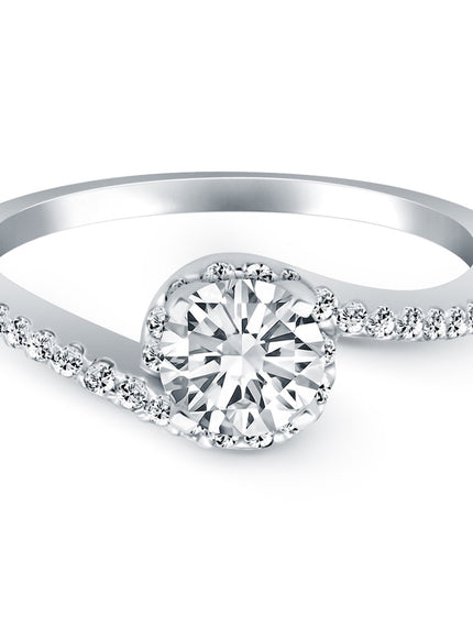 14k White Gold Bypass Swirl Diamond Halo Engagement Ring