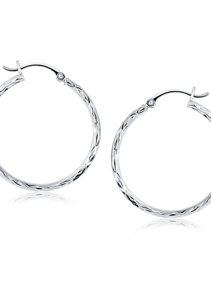 14k White Gold Diamond Cut Hoop Earrings