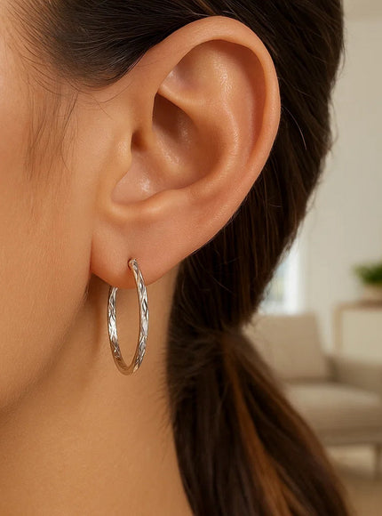 14k White Gold Diamond Cut Hoop Earrings