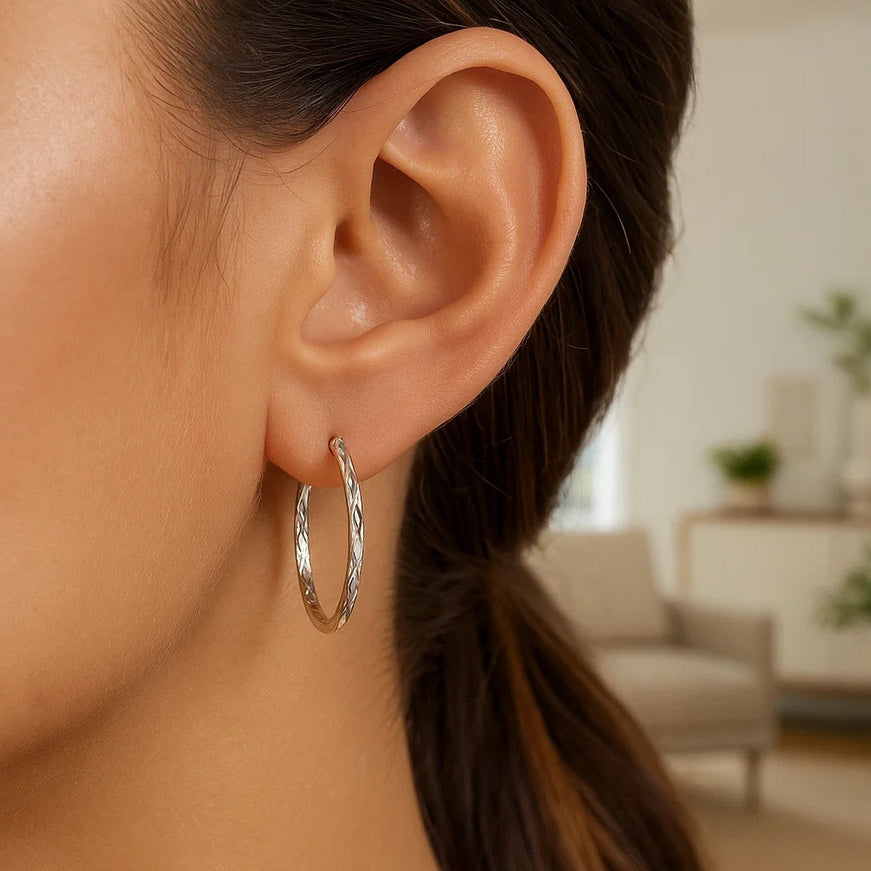 14k White Gold Diamond Cut Hoop Earrings