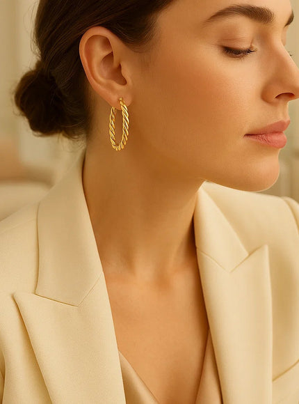 14k Yellow Gold Twisted Cable Oval Hoop Earrings