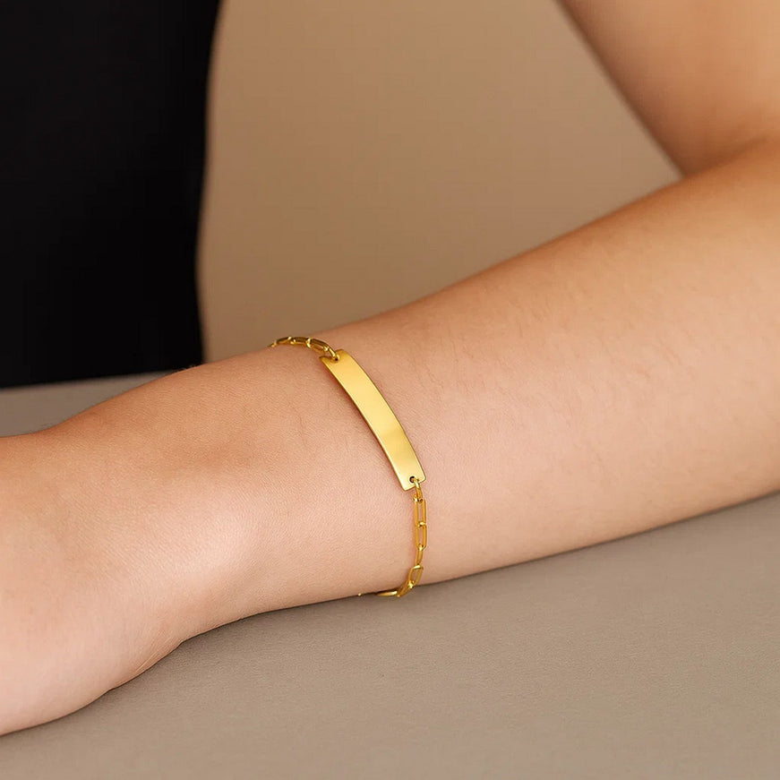 14k Yellow Gold 7 inch Paperclip Chain Bracelet with Bar