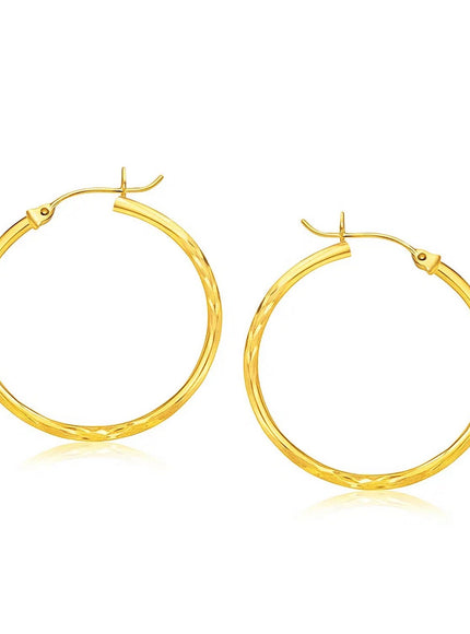 14k Yellow Gold Fancy Diamond Cut Slender Large Hoop Earrings (30mm Diameter)