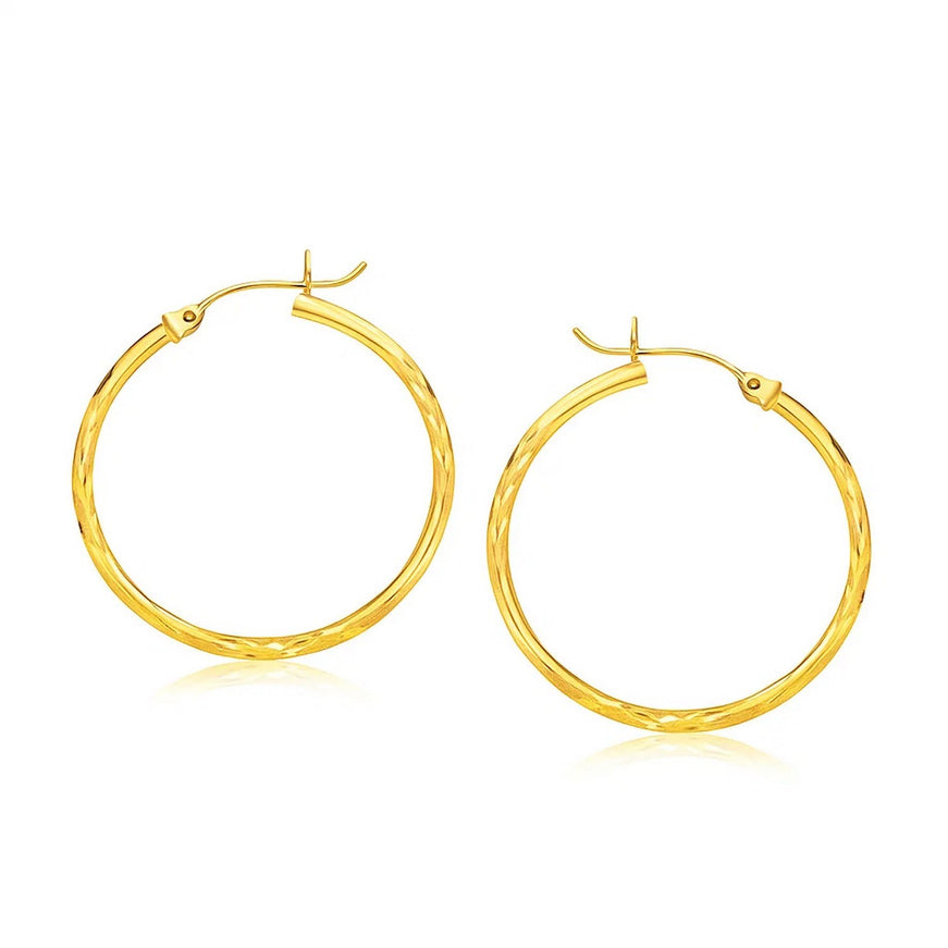 14k Yellow Gold Fancy Diamond Cut Slender Large Hoop Earrings (30mm Diameter)