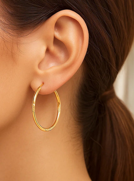 14k Yellow Gold Fancy Diamond Cut Slender Large Hoop Earrings (30mm Diameter)