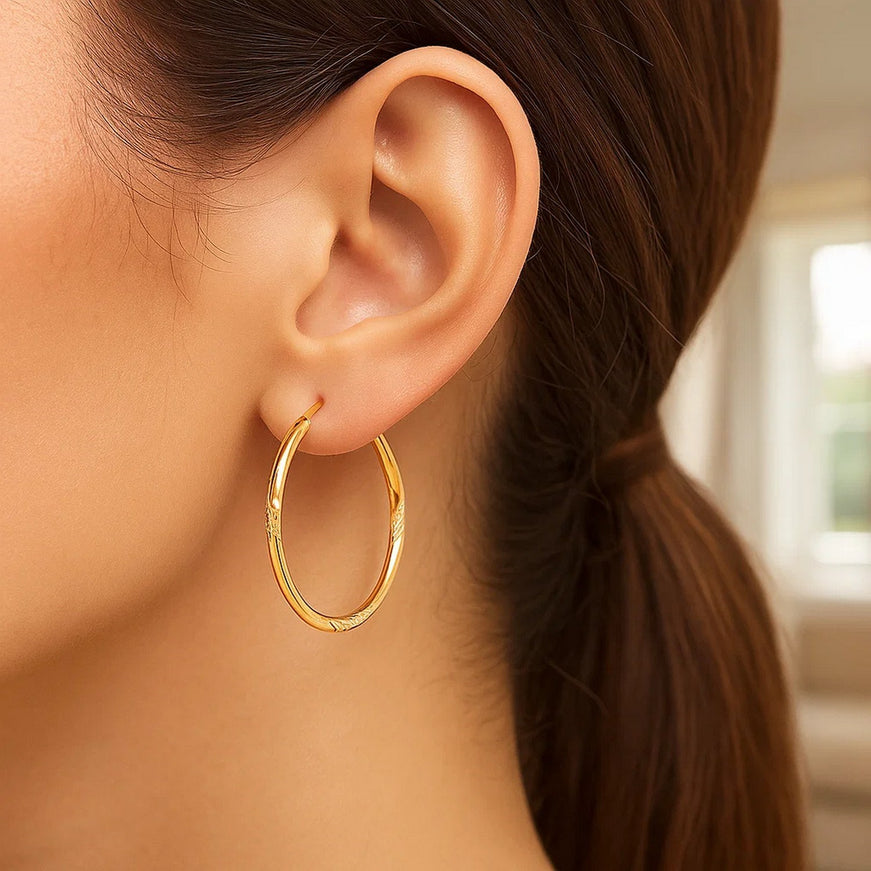 14k Yellow Gold Fancy Diamond Cut Slender Large Hoop Earrings (30mm Diameter)