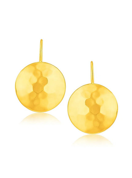 14k Yellow Gold Hammered Texture Disc Drop Earrings Medium