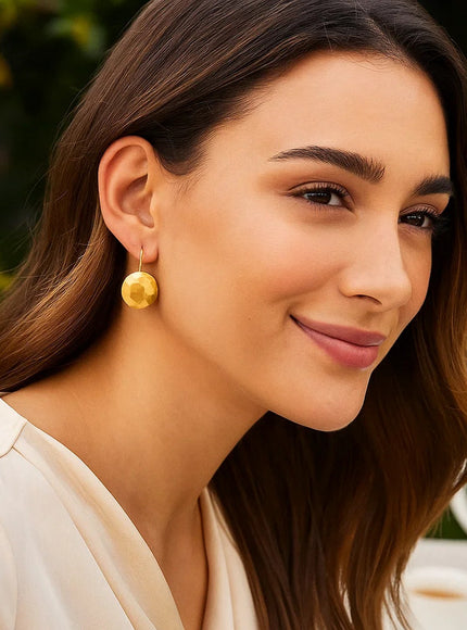 14k Yellow Gold Hammered Texture Disc Drop Earrings Medium