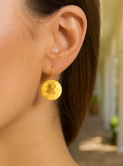 14k Yellow Gold Hammered Texture Disc Drop Earrings Medium