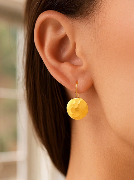 14k Yellow Gold Hammered Texture Disc Drop Earrings Medium