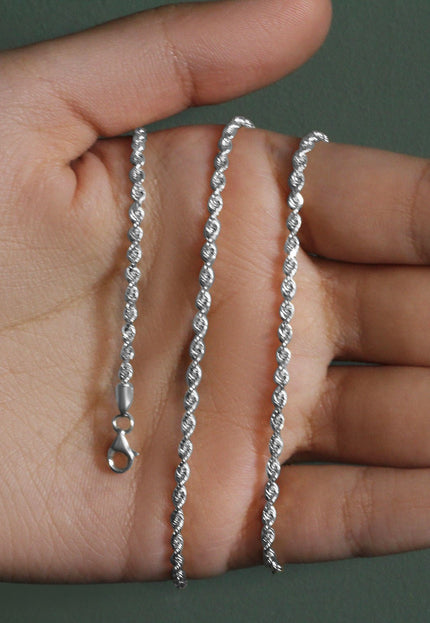 2.5mm 14k White Gold Solid Diamond Cut Rope Chain