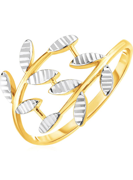 14k Two Tone Gold Crossover Ring with Textured Leaves