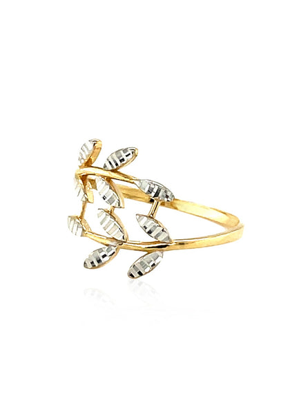14k Two Tone Gold Crossover Ring with Textured Leaves
