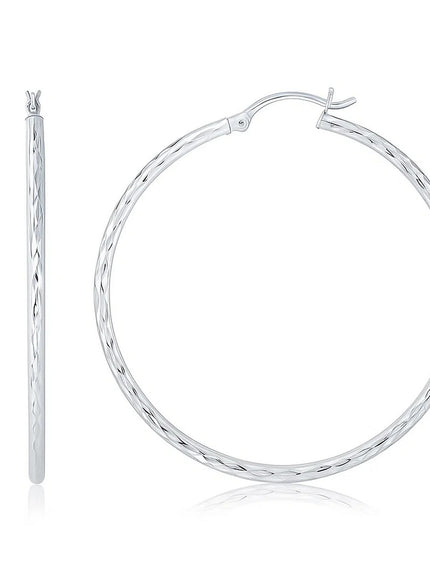 14k White Gold Diamond Cut Hoop Earrings (1 3/4 inch Diameter)