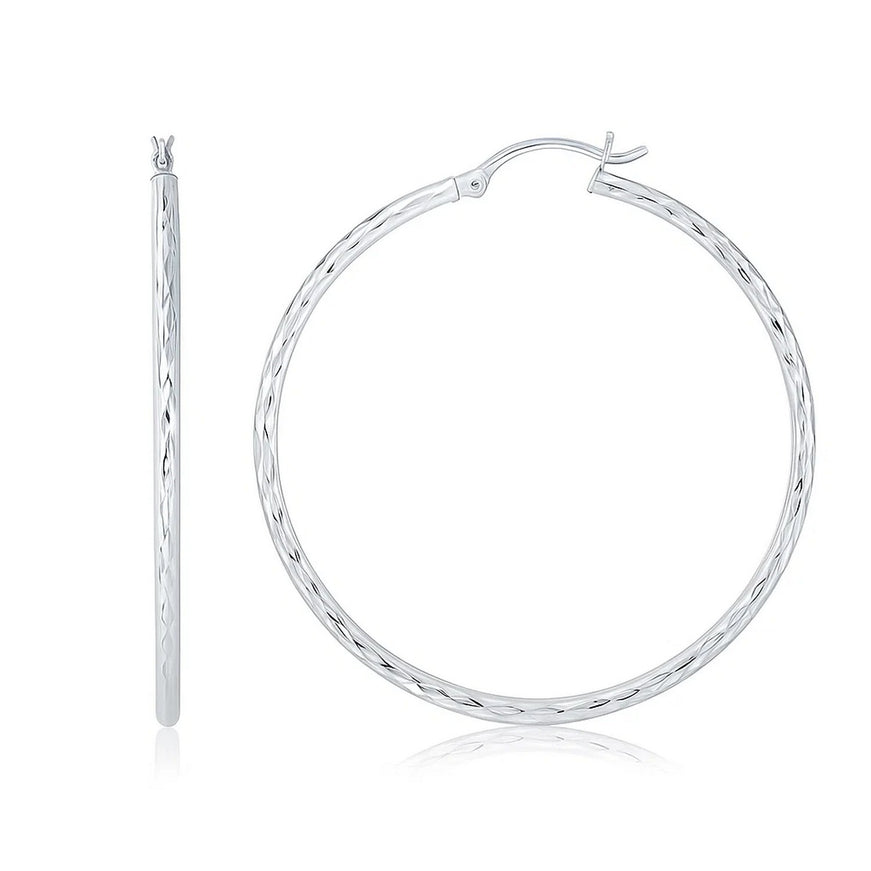 14k White Gold Diamond Cut Hoop Earrings (1 3/4 inch Diameter)