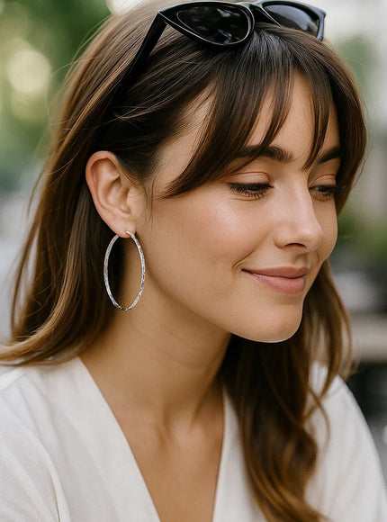 14k White Gold Diamond Cut Hoop Earrings (1 3/4 inch Diameter)