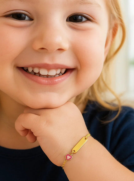 14k Yellow Gold 5 1/2 inch Childrens ID Bracelet with Enameled Heart