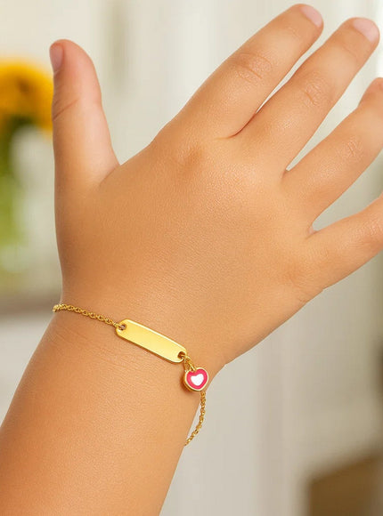 14k Yellow Gold 5 1/2 inch Childrens ID Bracelet with Enameled Heart