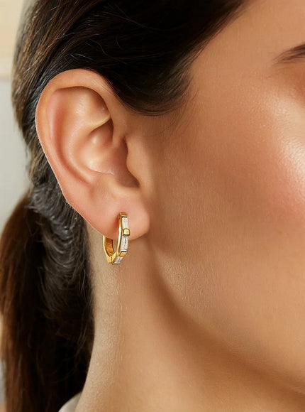 14k Yellow Gold Petite Octagonal Hoop Earrings with Cubic Zirconias