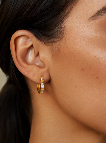 14k Yellow Gold Petite Octagonal Hoop Earrings with Cubic Zirconias