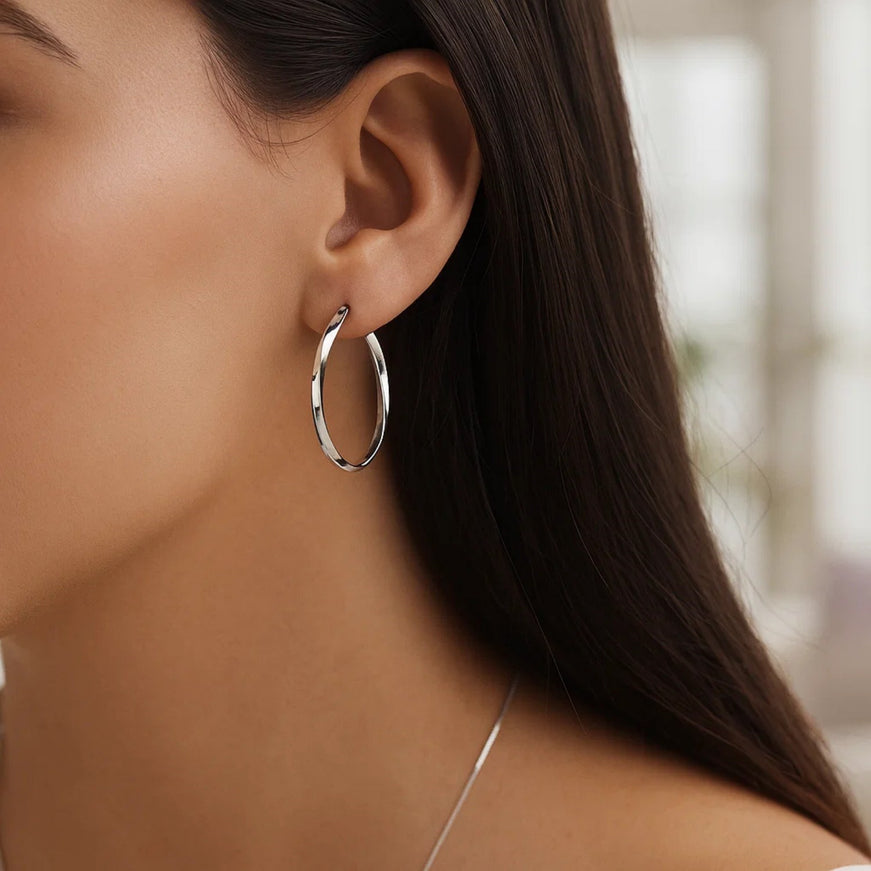 14k White Gold Mobius Twisted Hoop Earrings