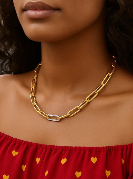 14k Yellow Gold Paperclip Chain Necklace with Diamond Link