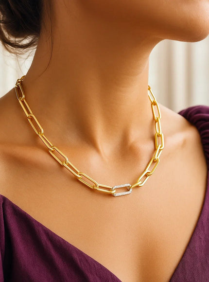 14k Yellow Gold Paperclip Chain Necklace with Diamond Link