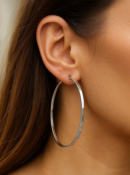 Sterling Silver Large Rectangular Profile Hoop Earrings(75mm)