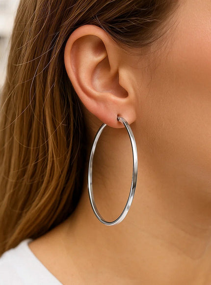 Sterling Silver Large Rectangular Profile Hoop Earrings(75mm)