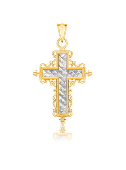 14k Two-Tone Gold Diamond Cut and Baroque Inspired Cross Pendant