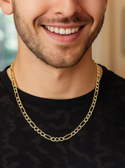 4.0mm 14K Yellow Gold Solid Pave Figaro Chain