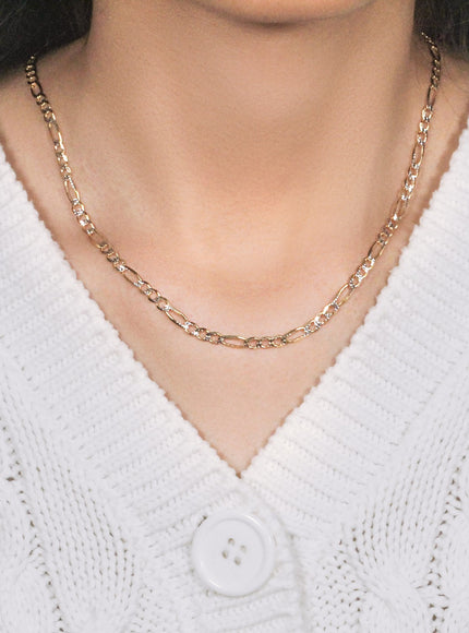 4.0mm 14K Yellow Gold Solid Pave Figaro Chain