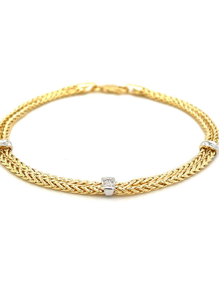 14k Two-Tone Gold Dual Wheat Chain Bracelet with Diamond Stations (.02 cttw)