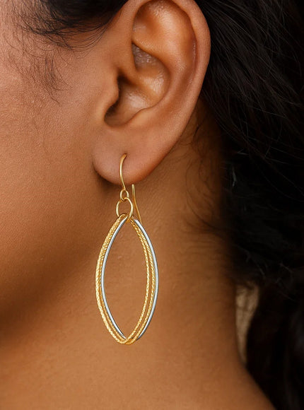 14k Two Tone Gold Textured Triple Oval Shape Drop Earrings