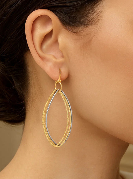 14k Two Tone Gold Textured Triple Oval Shape Drop Earrings