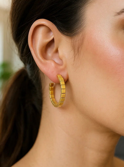14k Yellow Gold Brick Omega Hoop Earrings