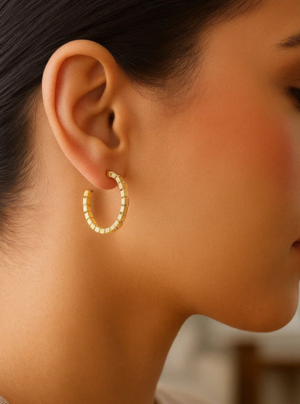 14k Yellow Gold Brick Omega Hoop Earrings