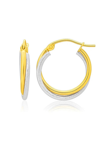 14k Two Tone Gold Double Polished and Textured Hoop Earrings