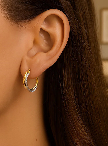 14k Two Tone Gold Double Polished and Textured Hoop Earrings