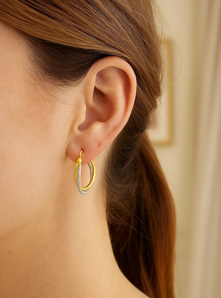 14k Two Tone Gold Double Polished and Textured Hoop Earrings