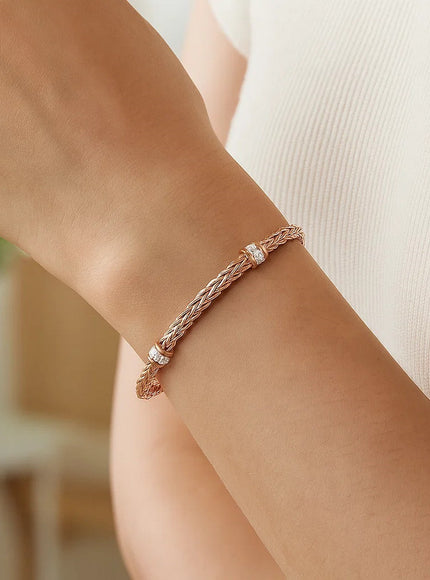 Polished Woven Rope Bracelet with Diamond Accents in 14k Rose Gold